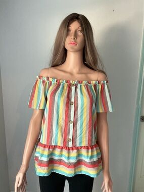Vine & Love Multicolor Striped Off-Shoulder Peplum Top